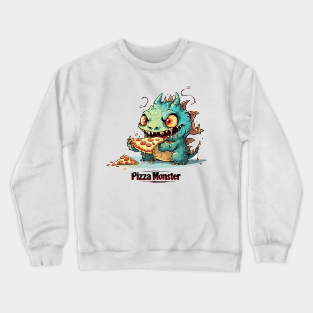 Cute Pizza Eating Monster Crewneck Sweatshirt by Obotan Mmienu